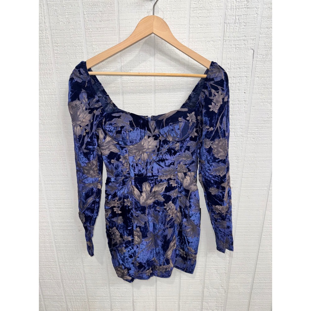 Lulus Floral Velvet Mini Dress Women Blue Burnout Long Sleeve Bustier XS